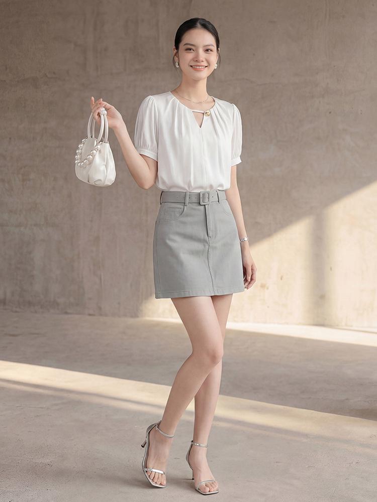 Fei Yuan A-line Skirt for Women with Belt and Double Pockets - Anti-exposure, Solid Color, Short, Petite Fit.