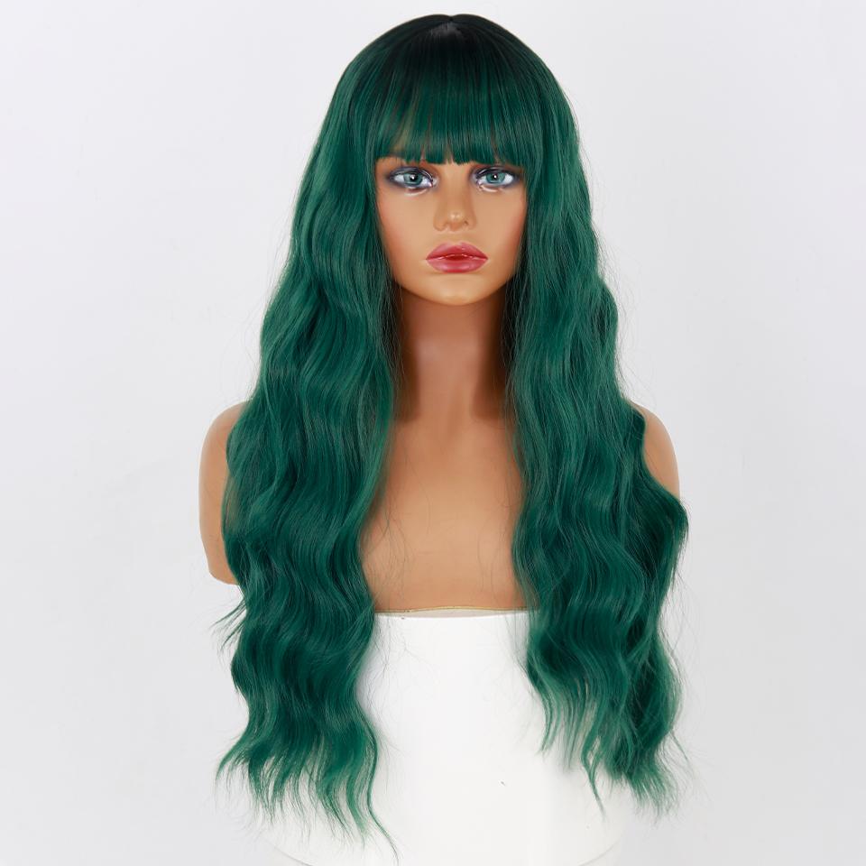 XINRAN Women Long Wavy Wig with Bangs Synthetic Fiber Natural Water Wave Black Long Wig for Daily Wear Cosplay