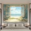 2D Summer Ocean Tapestry, Window View with Beach and Flowers for Home Decoration