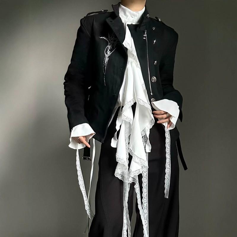 Dark Yamamoto Style Printed Jacket Retro Court Belt Buckle Casual Coat Teens Loose Fit