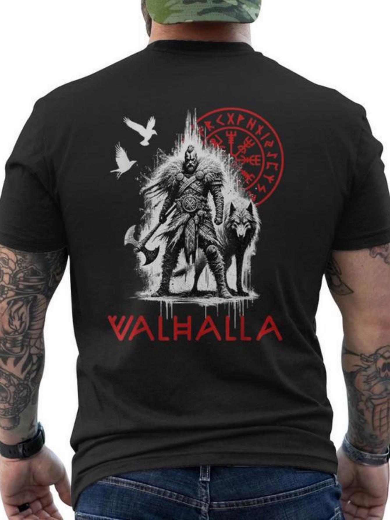 

Valhalla Odin Wolf and Raven Viking Runes Norse Compass Men S T-shirt Print T-Shirt 100% Cotton Made and Shipped From The USA S