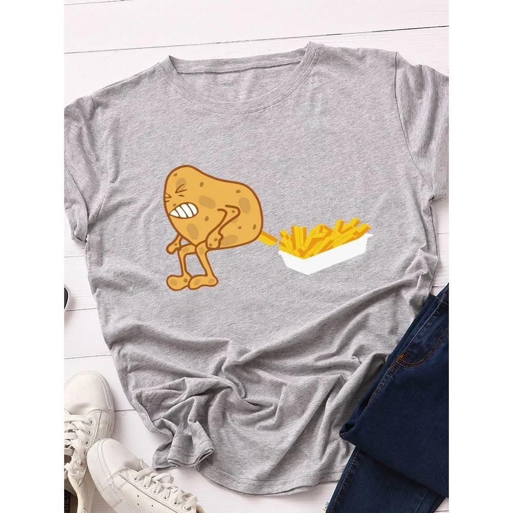 Funny Potato Fries Print Women T Shirt Short Sleeve O Neck Loose Women Tshirt Ladies Tee Shirt Tops Clothes