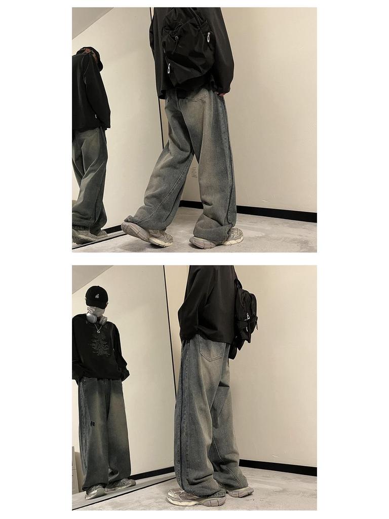 2024 Męskie Amerykańskie Dżinsy Retro z Szerokimi Nogawkami - Modny Luźny Krój z Prostymi Nogawkami na Wiosnę i Jesień