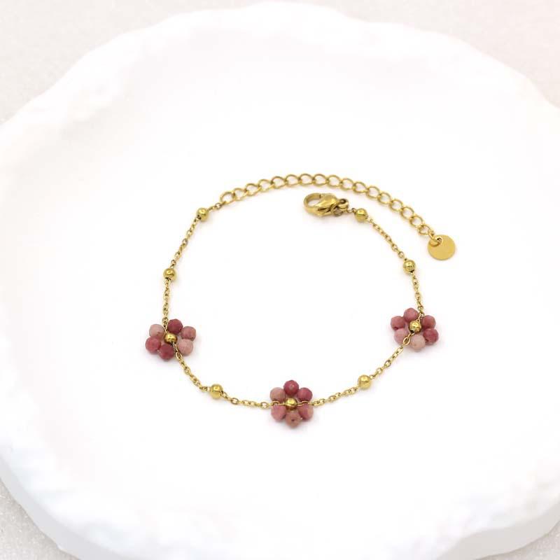 Handmade Gold-Plated Gemstone Bracelet with Three Floral Accents