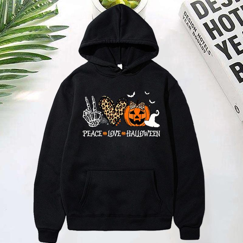 Peace Love Halloween Print Hoodies For Women Men Autumn Winter Pullover Harajuku Casual Long Sleeves Sweatshirt Tops