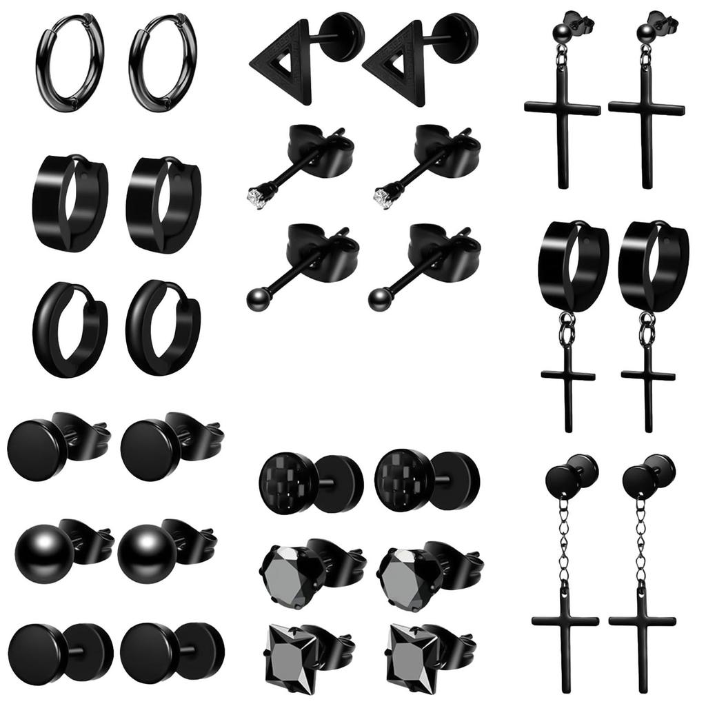 15 Pairs Of Stainless Steel Men's Earrings Black Perforated Clip Type