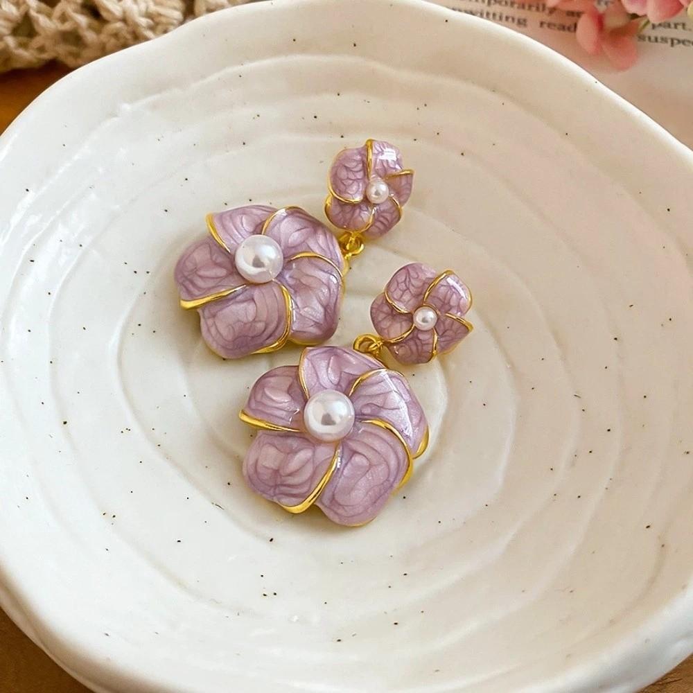 Purple Floral Dangle Earrings Pearl Ear Jewelry Elegant Camellia Flower Earrings Female