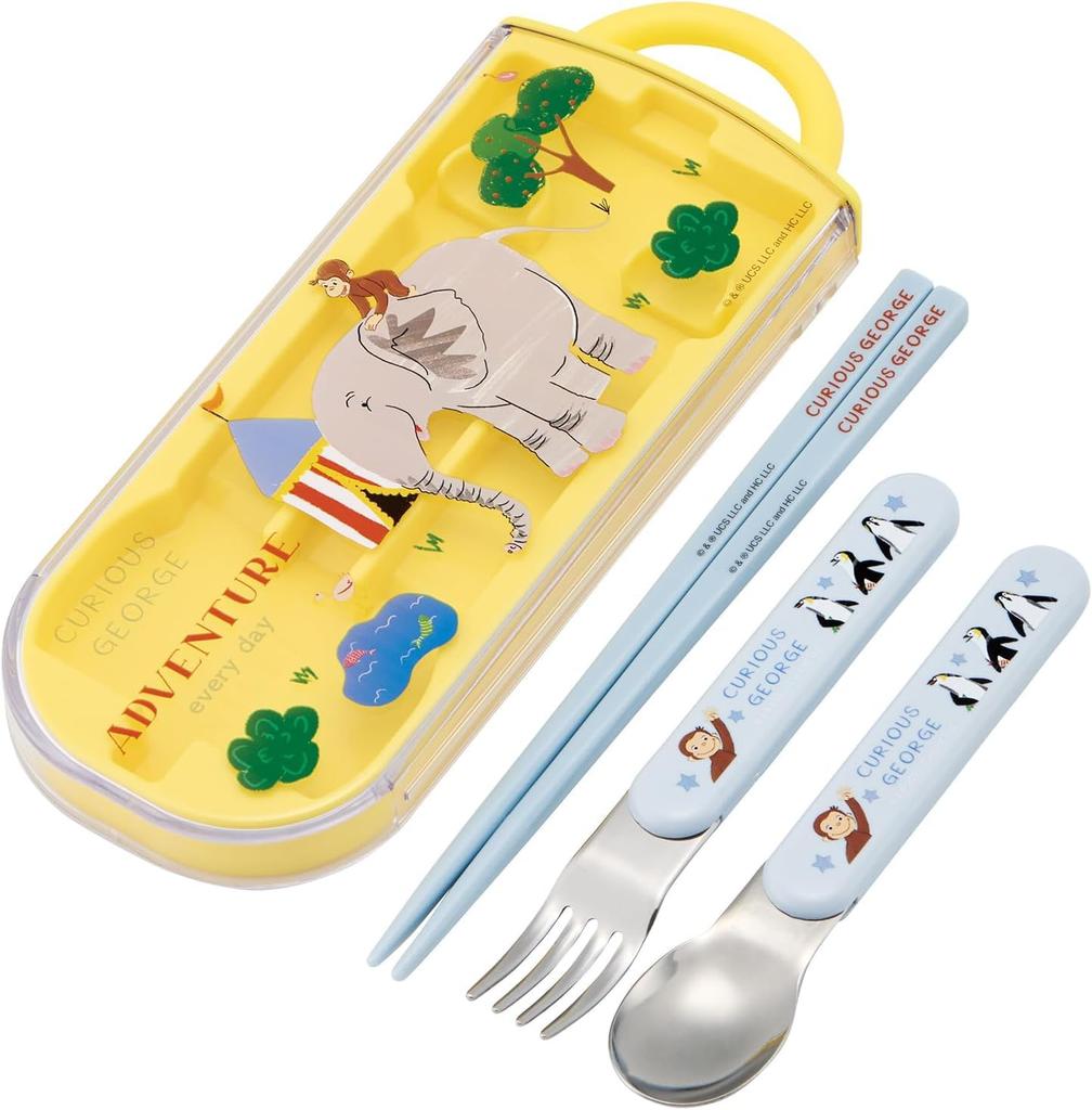 Curious George Trio Chopsticks Fork Bento Chopsticks Made In Dishwasher ZOO Set Freezer Set 16.5cm, Spoon, 13cm, Case, Slide-out Chopsticks, Japan,