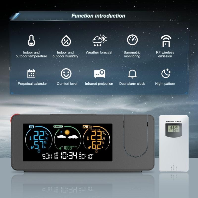 Modern Projection Digital Alarm Clock with Temperature and Humidity Display Remote Sensors for Students and Professional