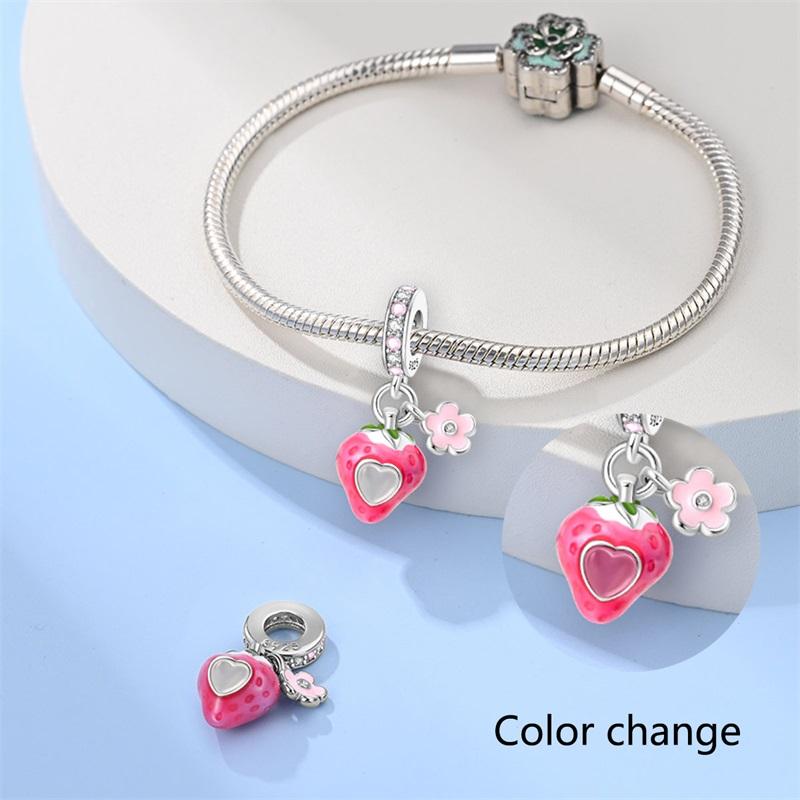100% 925 Stering Silver Pink Glazed Strawberry Charms Bead Gem Change Color Pendant Fit Original Bracelet DIY For Women Jewelry