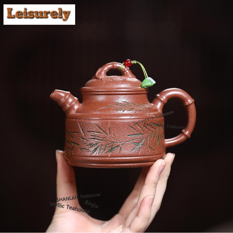250ml Yixing Purple Clay Teapots Artists Handmade Bamboo Tripod Pot Raw Ore Red Downhill Mud Tea Brewing Kettle Zisha Tea Set