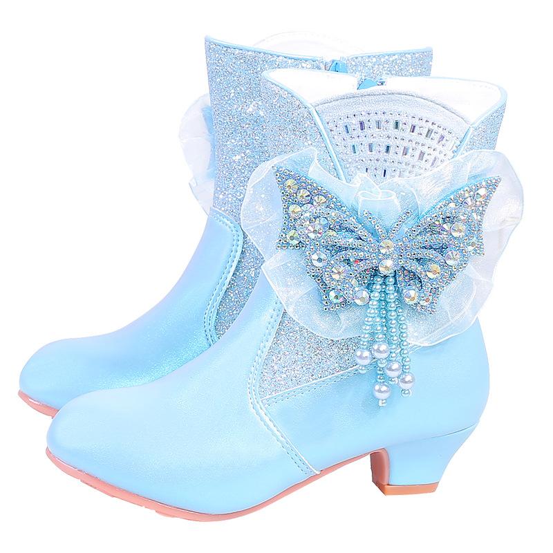 Girls Princess Boots High Heel Bowknot Plush Warm Children's Mid-calf Boots