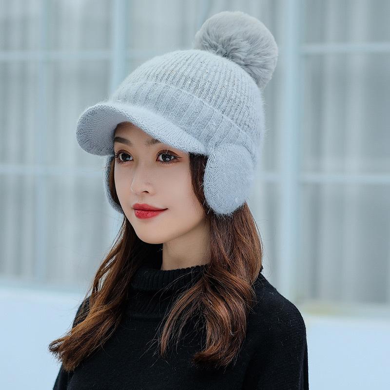 Ladies rabbit fur knitted hat trendy student wool ear protection cap outdoor cold protection warm scarf velvet