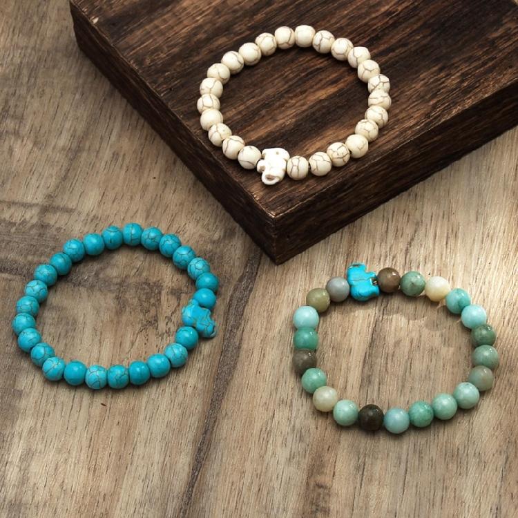8MM Round Gemstones Bracelet With Turquoise Accent And Elephant Charm Perfect For Adding A Natural Touch To Outfits