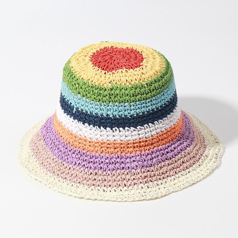 Hand Crocheted Rainbow Circle Bucket Hat Women's Striped Sun Hat Day Pot Hat Spring and Summer New Straw Hat Foldable