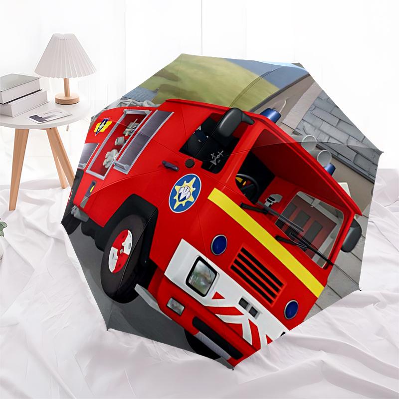 Cestovní deštník s tématem Hasiči a hasičská auta - 8 žeber, automatické otevírání a zavírání, přenosný skládací design, kompaktní a stylový deštník