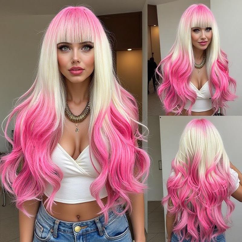 

Black Pink Black Gradient Straight Straight Hair Chemical Fiber Synthetic Wig | High Quality Women s Daily Wig