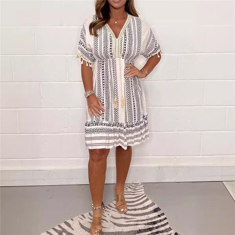 

European And American Women s Summer New Style Printed Lace V-neck Short-sleeved Dress Striped Loose Casual Short Long Skirt 4XL чорний
