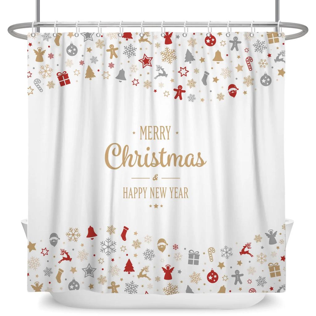 Merry Christmas Shower Curtain Winter Snow Santa Claus Christmas Trees Decor Bath Curtains Waterproof Bathtub Screen
