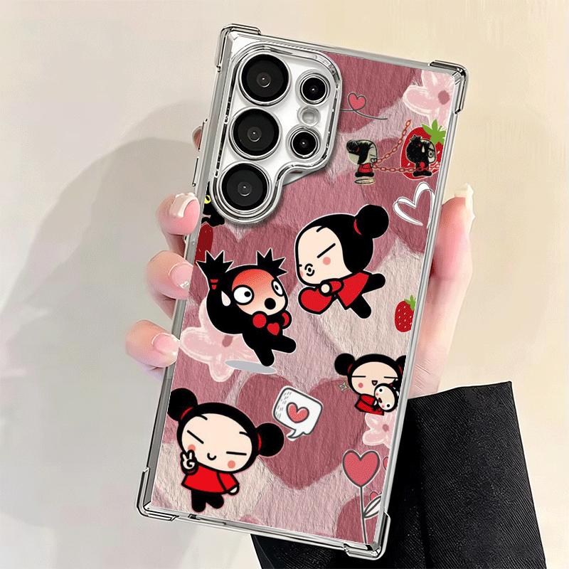 Cartoon Cute Pucca Garu Plating Phone Case For Samsung Galaxy S24 S25 FE S26 Edge S23 Ultra S22 S21 Plus S20 Anti-Fall Airabag C