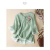 Ethnic Style Disc Button Embroidered Three-quarter Sleeve Linen Shirt with Slanted Placket for Women's Summer New Top Blouses