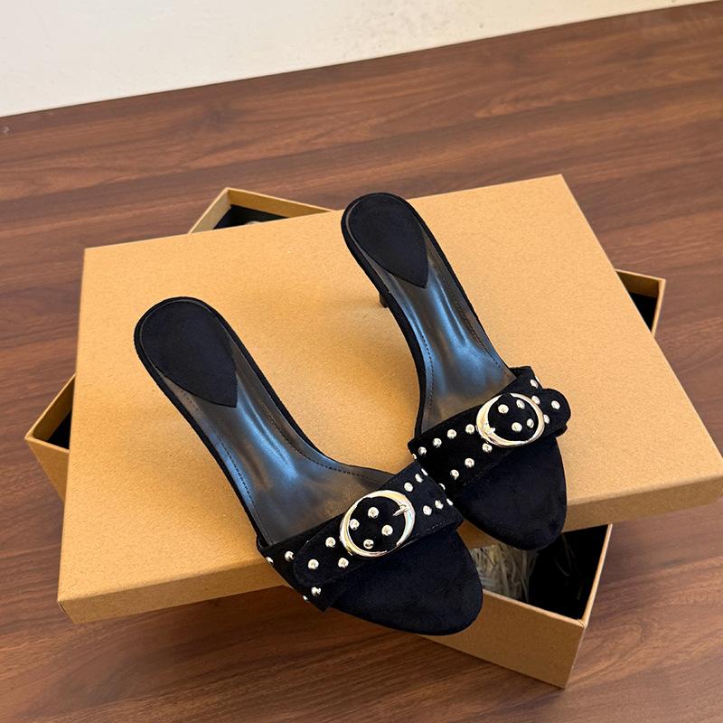 

Slim-heeled cool slippers 2025 summer new temperament high-heeled slippers wear sandals low-heeled cool slippers women 40 чёрный