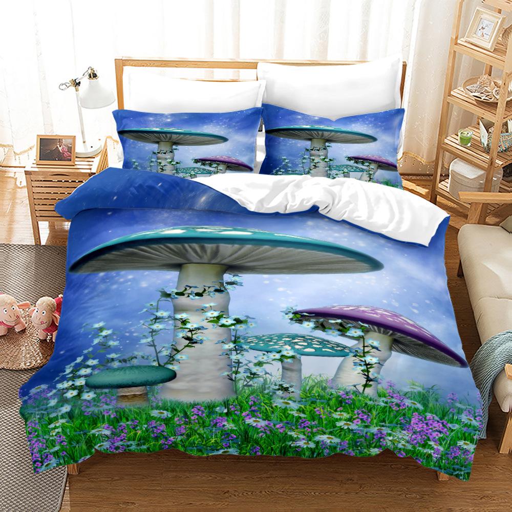 Mushroom Duvet Cover Set King Queen Size Star Purple Blue Trippy Mushroom Pattern Cartoon Polyester Bedding Set for Kid Boy Girl