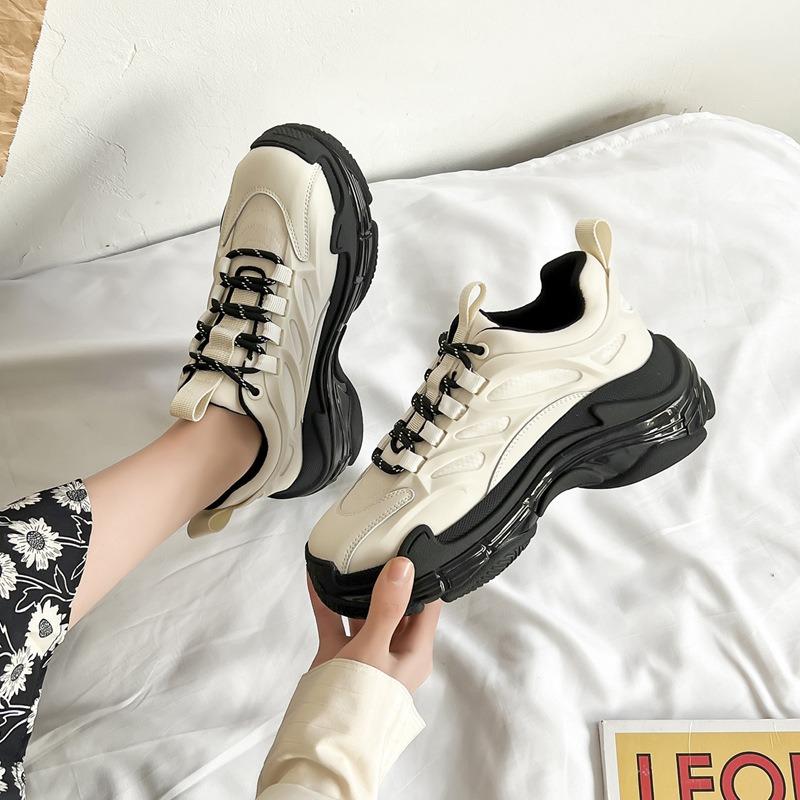 Spring New Fashion Leather Daddy Shoes Women's Waffles Platform Student Casual Sneakers