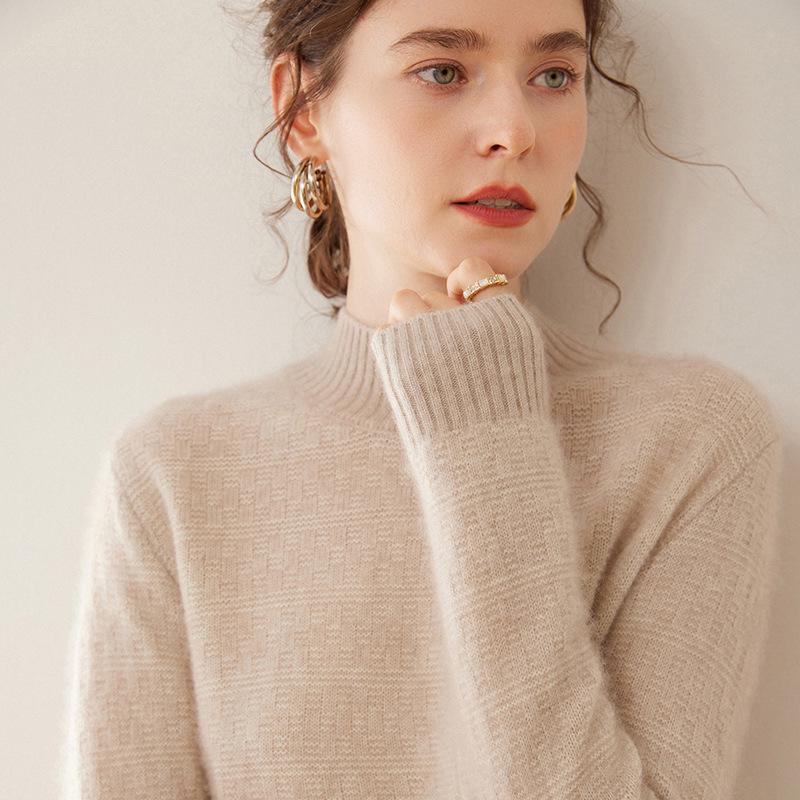 Women's Cashmere Half-High Neck Long Sleeve Wool Sweater - Versatile, Warm, and Fashionable for Autumn/Winter