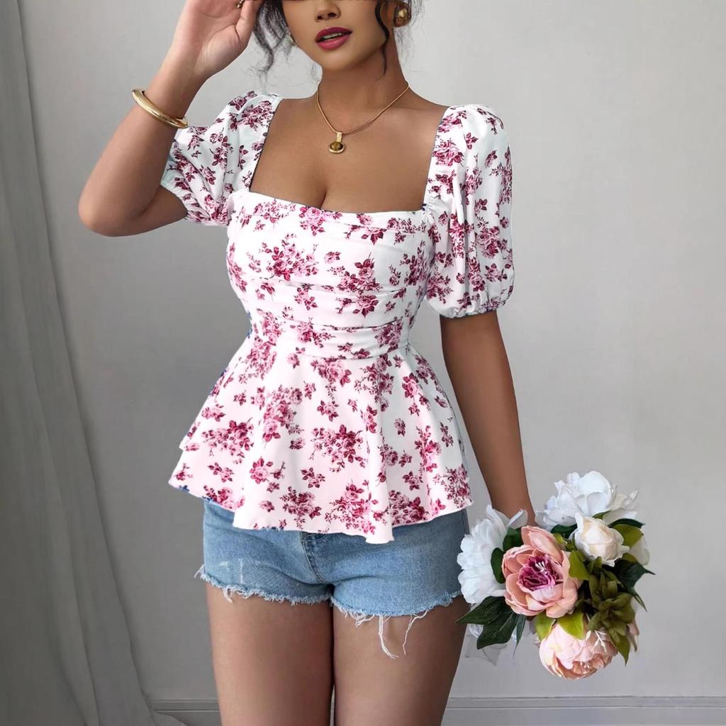 Elegantes Sommer-Quadratkragen-Blusenshirt mit Puffärmeln und Taillengürtel