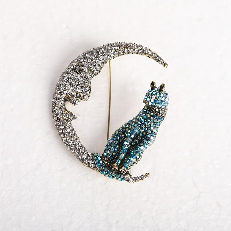 

[Vintage Cat Brooch] Heavily Embellished Rhinestones Cat Brooch on The Moon, Manufacturer Wholesale, Vintage Fashion Animal Series for Casual Party Ou синий