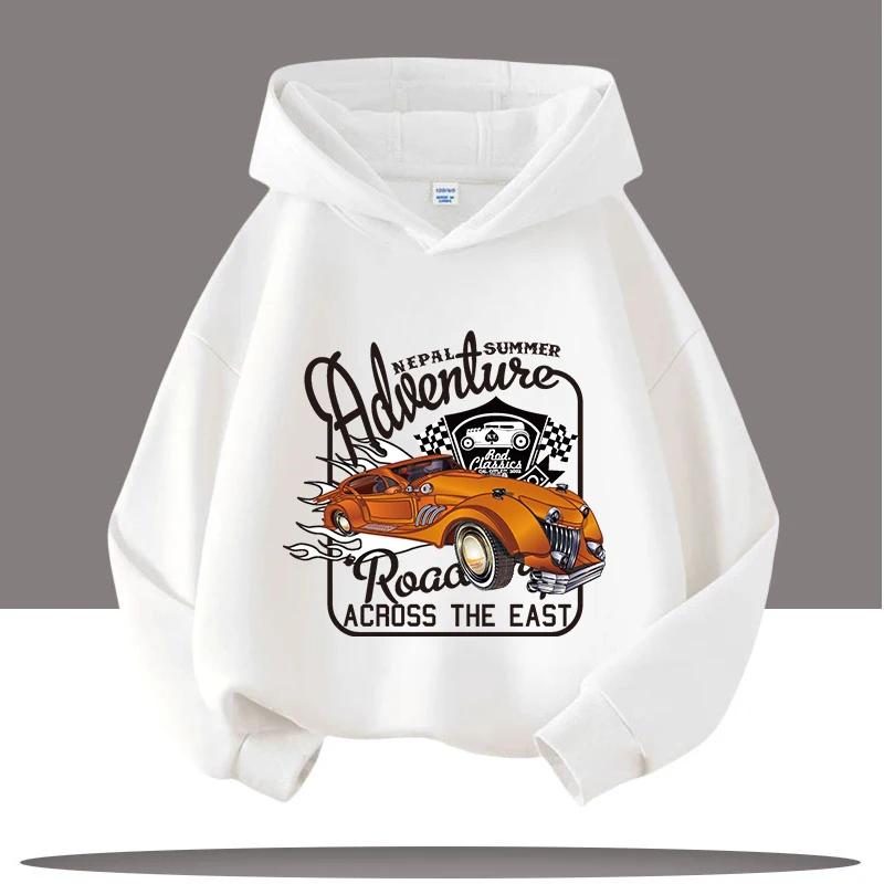 2025 New Vintage Car Children's Hooded Sweatshirt with Cartoon Print, Boys' Sportswear, Girls' Casual Top, Fall-winter Clothing