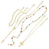 4Pcs Trendy Cross Pendant Necklace For Women Colorful Crystal Chain Rosary Y Necklace Female Fashion Jewelry Gift