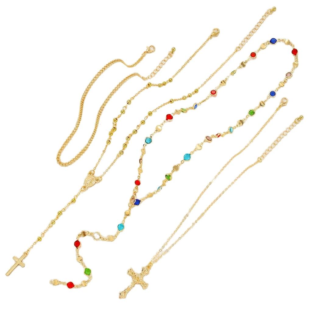 4Pcs Trendy Cross Pendant Necklace For Women Colorful Crystal Chain Rosary Y Necklace Female Fashion Jewelry Gift