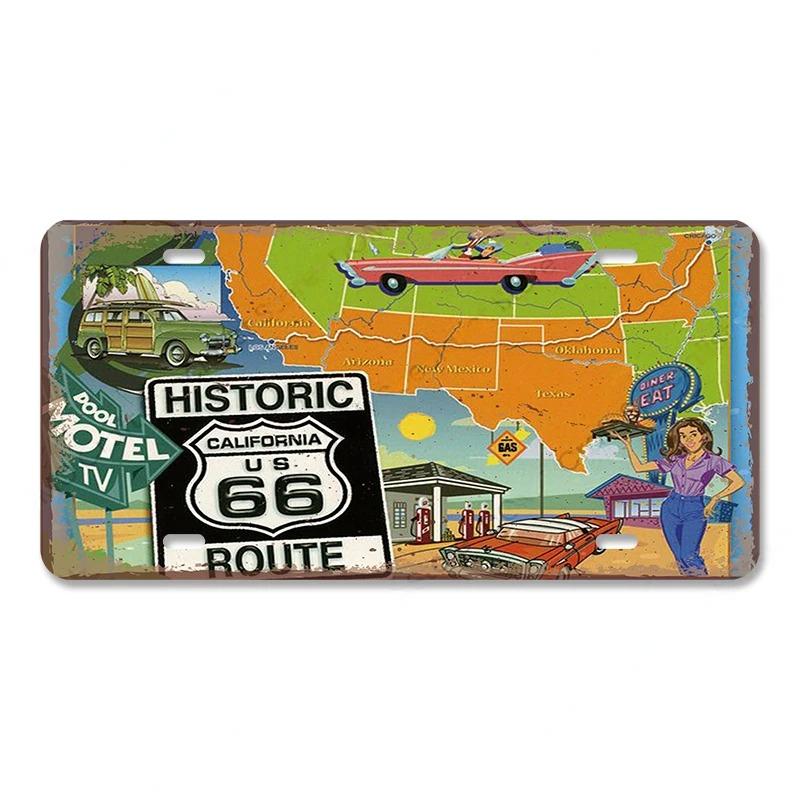 Vintage Metal Tin Signs Decor Route 66 License Plate Motorcycle Car Metal Posters Wall Decor for Garage Bar Pub Moto Club