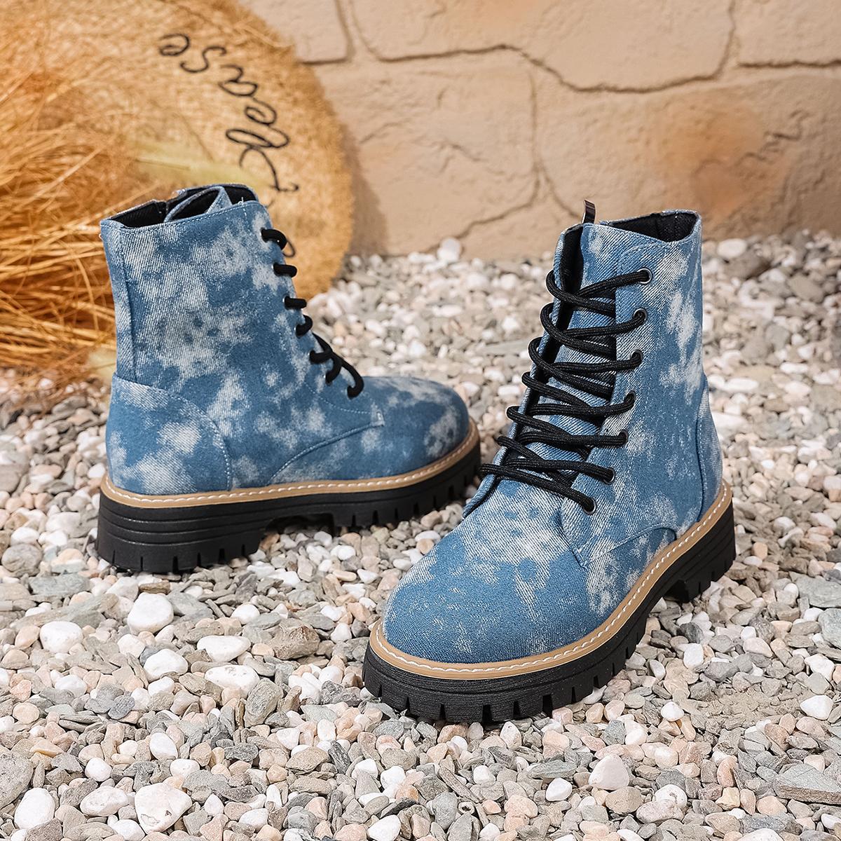 

Джинсовые ботильоны на толстой подошве женские 2025 осенняя мода тай-дай боковая молния ковбойские сапоги западного стиля женская обувь на платформе больших размеров 36