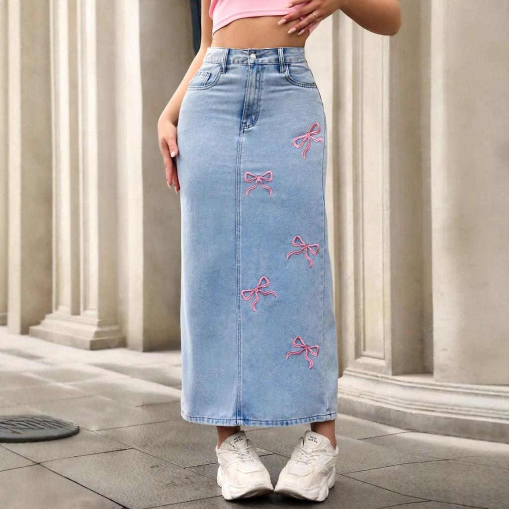 Bow Tie, Fashionable Pearl Women's Clothing, Versatile Denim Skirt, Midi Skirt
