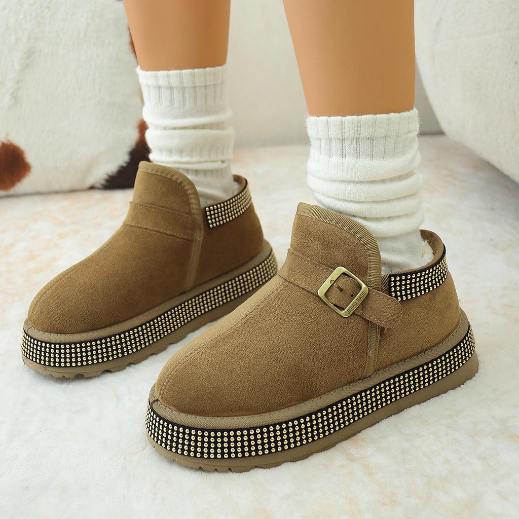 Fashion Women Boots Warm Short Plush Slip On Shoes 2025 New Sexy Thick Bottom Ankle Boots Metal Rivet Decoration Furry Snow Boots Women