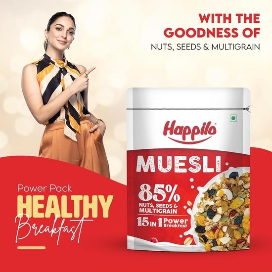 Happilo Premium Dry Fruit Muesli 500g (Pack of 2), 85% Nuts, Seeds and Multigrain, 15 In 1 Power Breakfast, High In Fiber, Omega 3, Protein