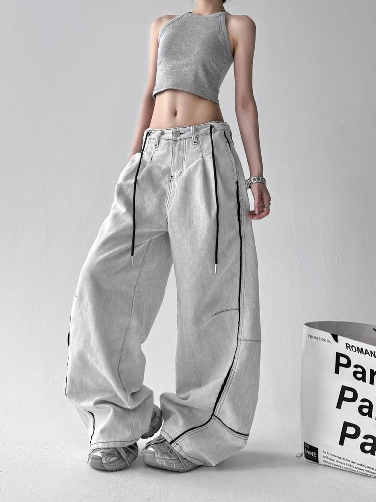 Unisex American Retro Patchwork Wide-Leg Gray and White Jeans - 2025 Summer Casual Loose Fit