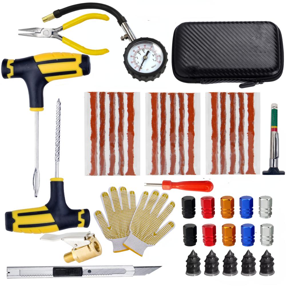 New Car Tire Repair Tool Kit Studding Set Auto Bike Puncture Plug Garage Needle Nose Pliers Vacuum Film Nail Screws Storage Case