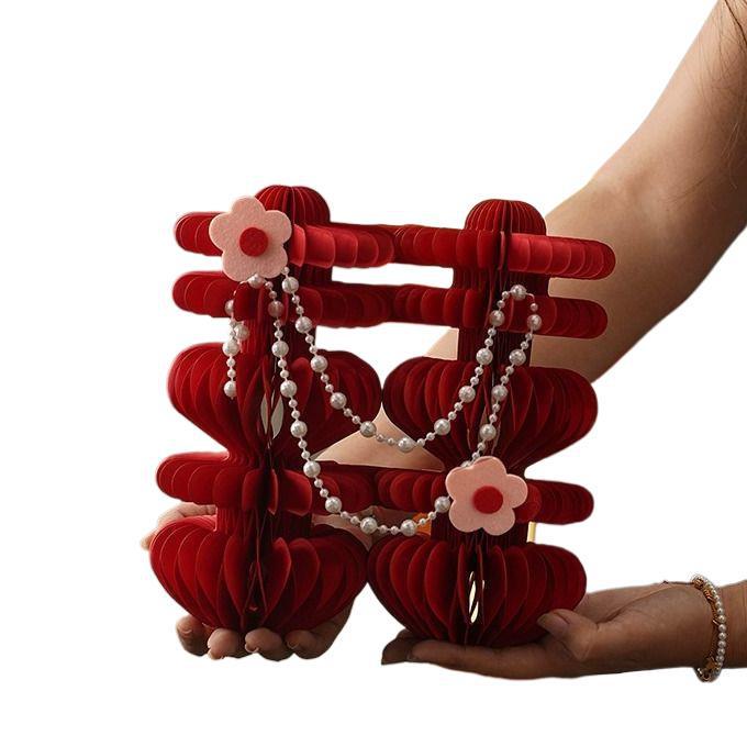Foldable 3D Double Happiness Wedding Tabletop Ornament - High-End Wedding Room Decoration