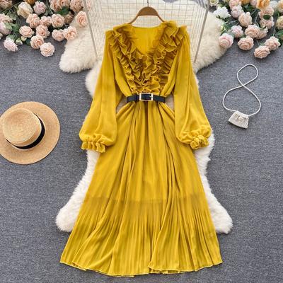 Women Spring Autumn Dress Retro Temperament V-neck Ruffled Bubble Long-sleeved Waist Slimming A-line Pleated Dresses