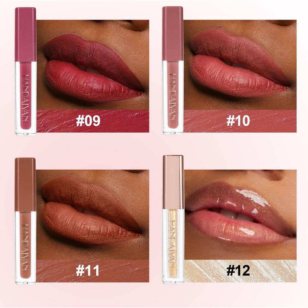 HANDAIYAN 12-color Matte Waterproof Non-stick Cup Lip Glaze Small Square Tube Gold Sparkling Pearlescent Lip Glaze