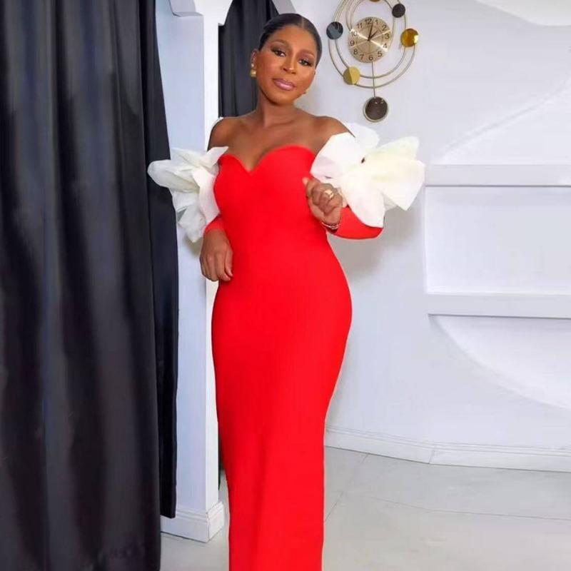 Women's celebrity style new hip bandage dress temperament elegant fashion splicing one-word shoulder dress