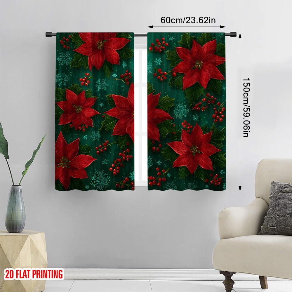 2pcs,2D Plane Printing Curtain Popular Red Poinsettias_ Holly_ Snowflakes & Ornaments Versatile Durable Polyester (without Rod)