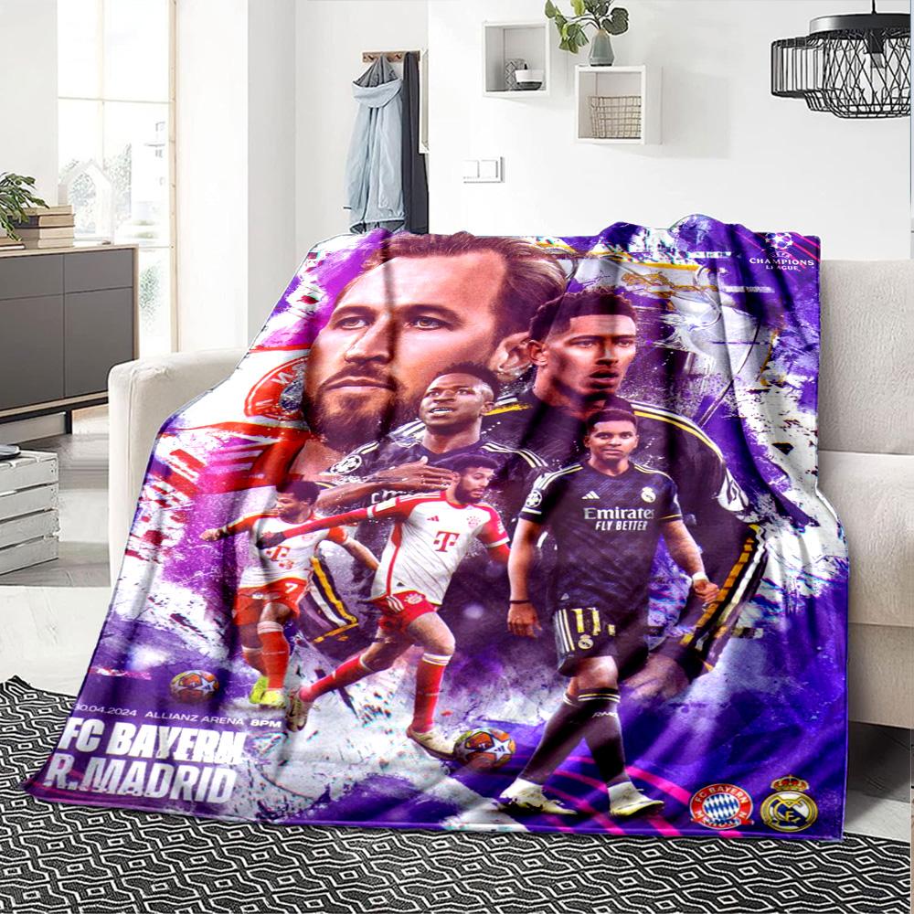 Purple Tone Football Club Match Players Collage Flannel Throw Blanket, Soft Warm Cozy Bed Sofa Cover for Sports Fan
