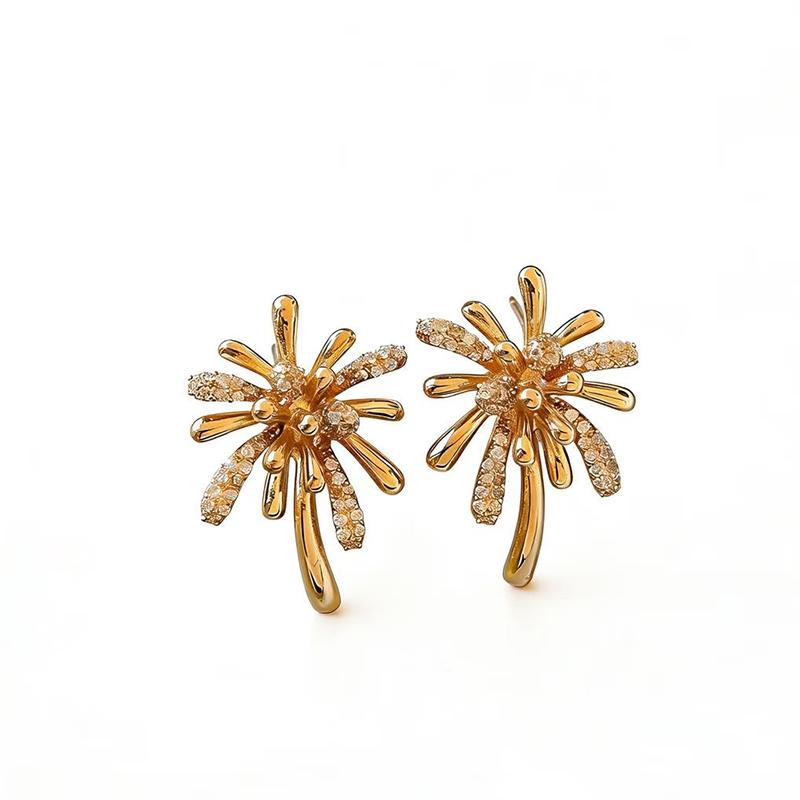 Gold Color Metal Micro-Set Zircon Flower Center Earrings Young Luxury Jewelry Suitable for Women's Party Wear Trendy Accessories