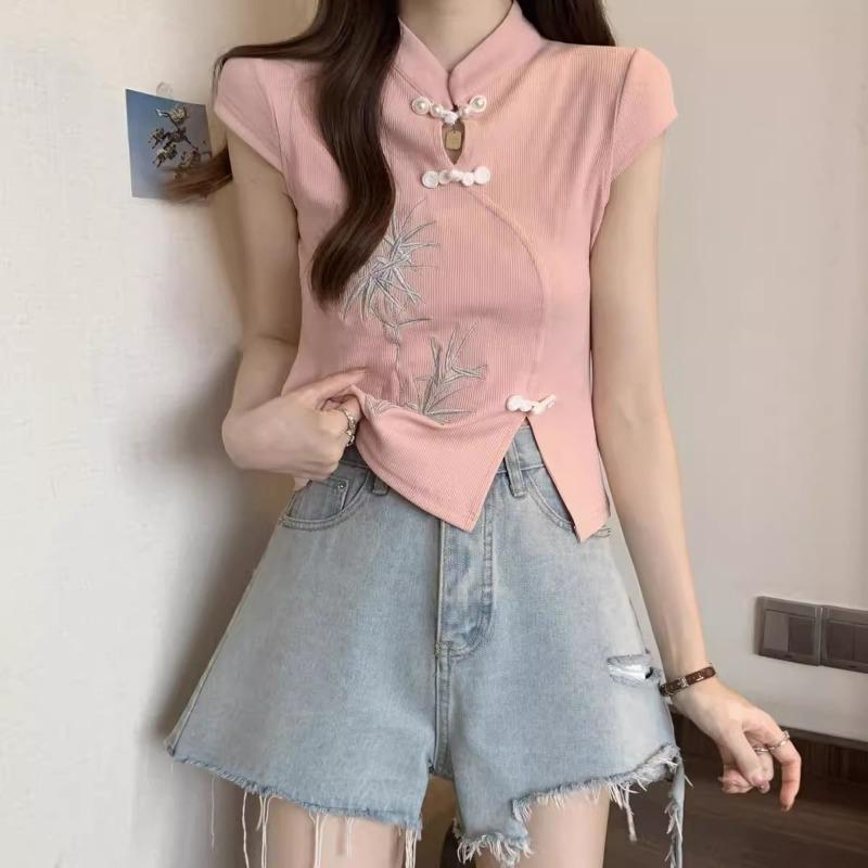 Top da donna in bambù ricamato stile qipao manica corta colletto alla mandarino spacco laterale casual aderente maglia blusa