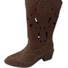 Brown hollow western cowboy boots women's 2025 autumn new embroidered thick heel mid-tube boots retro v-mouth knight boots